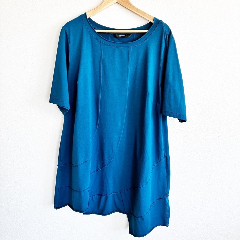 eShakti Tunic Shirt Womens 3X 24W Blue Asymmetric Hem Short Sleeve Layered Look